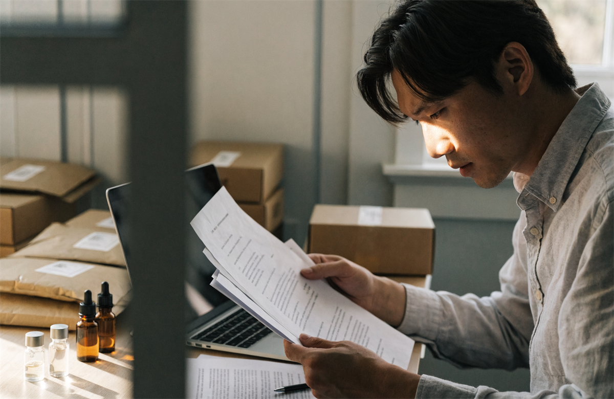 A peptide e-commerce store owner reviewing payment-account paperwork at a desk