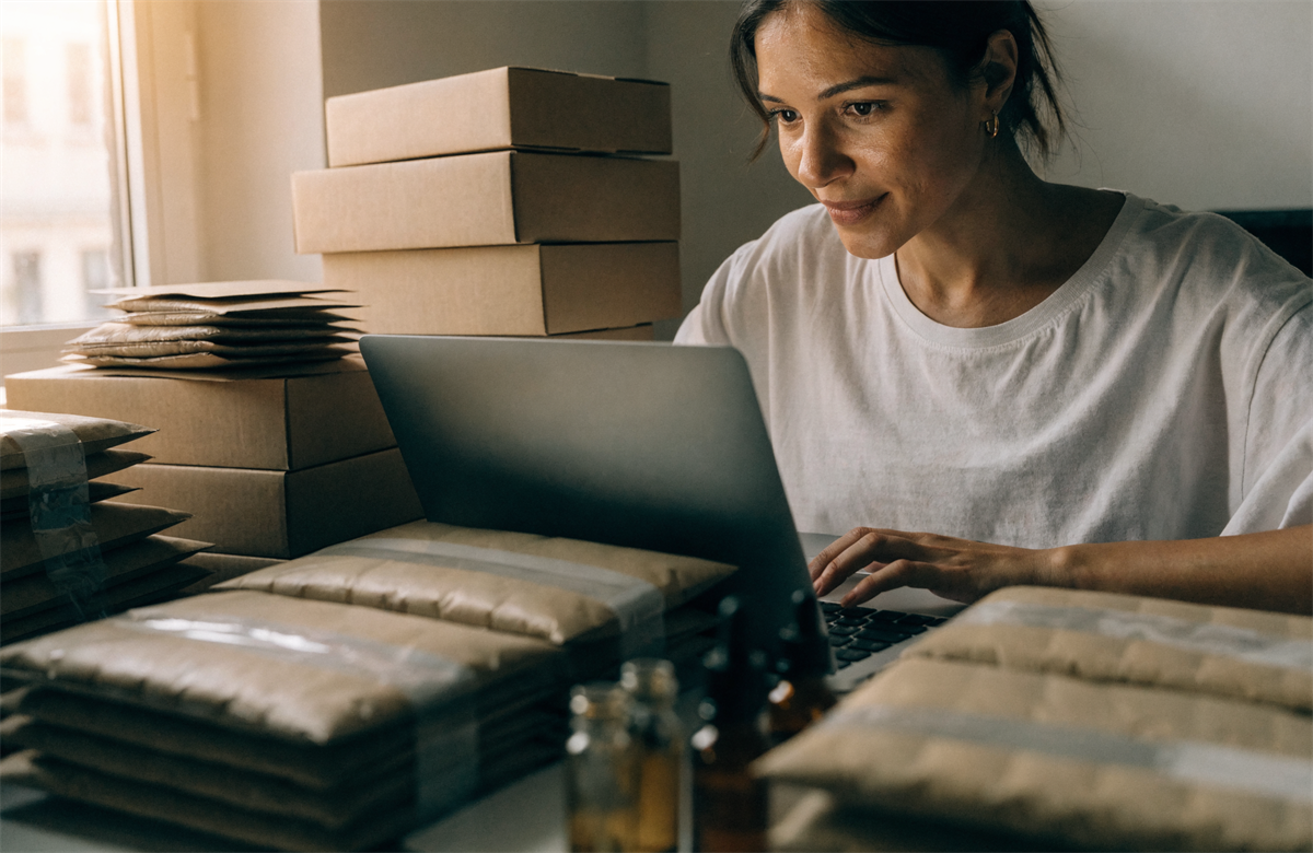 A peptide e-commerce store owner back online, packing orders at her laptop after switching processors