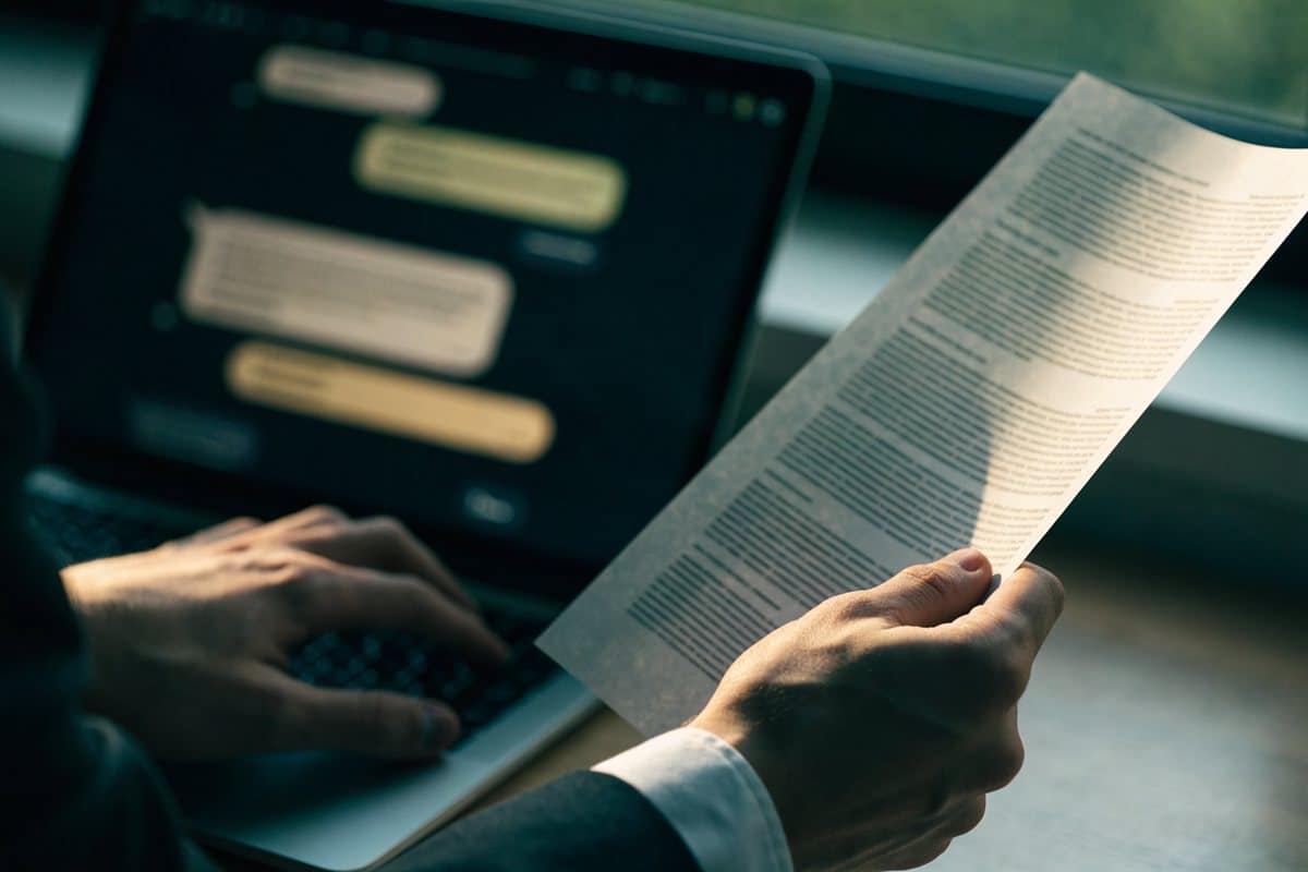Hands at a laptop showing a chat interface while holding a printed document for comparison