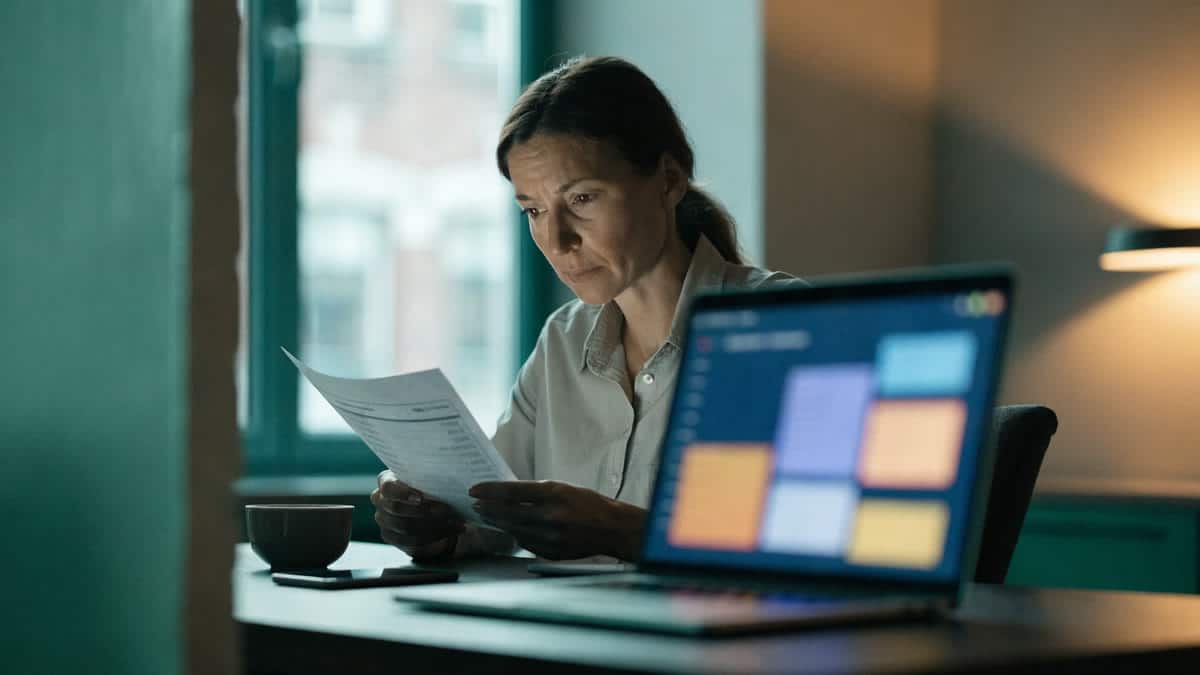 A business owner at a desk in the early morning, studying a bank statement with a laptop open beside it