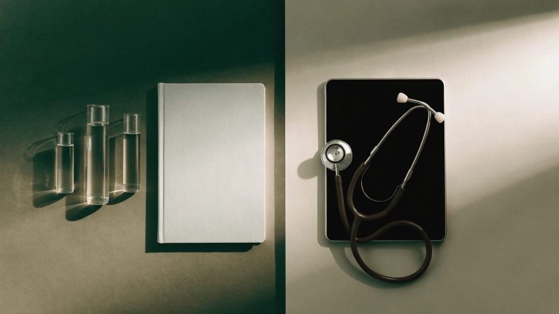 Lab vials and a notebook on one side, a tablet and stethoscope on the other, representing two peptide processing paths