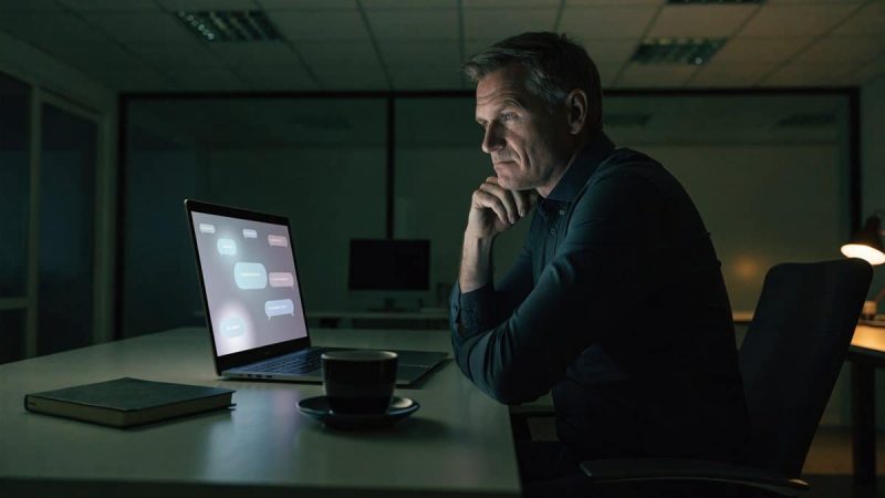 A business operator working late, lit by a laptop screen showing an AI chat conversation