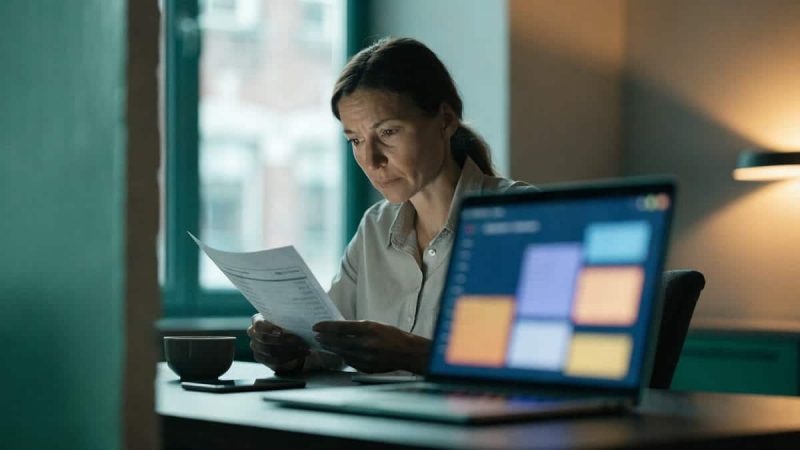 A business owner at a desk in the early morning, studying a bank statement with a laptop open beside it